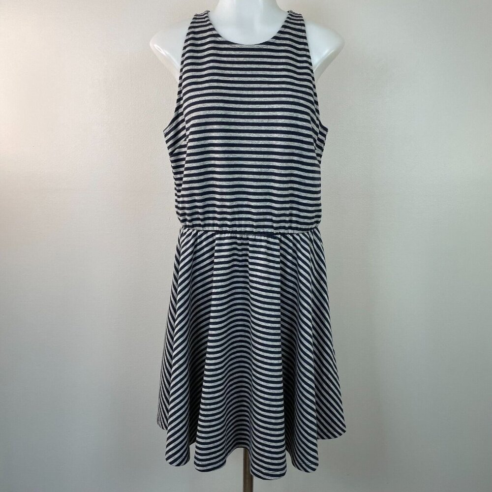 Gap Skater Dress Medium Navy Blue Gray Striped Elastic Waist Sleeveless